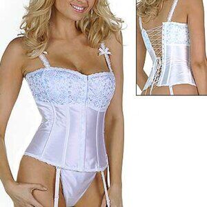 White Blue Satin Lace Corset Bustier Set - NEW